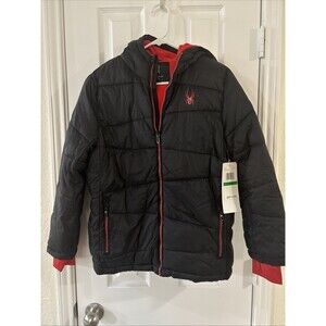 Spyder Boys Jacket Size Large 14-16 Hooded Puffer Coat Black